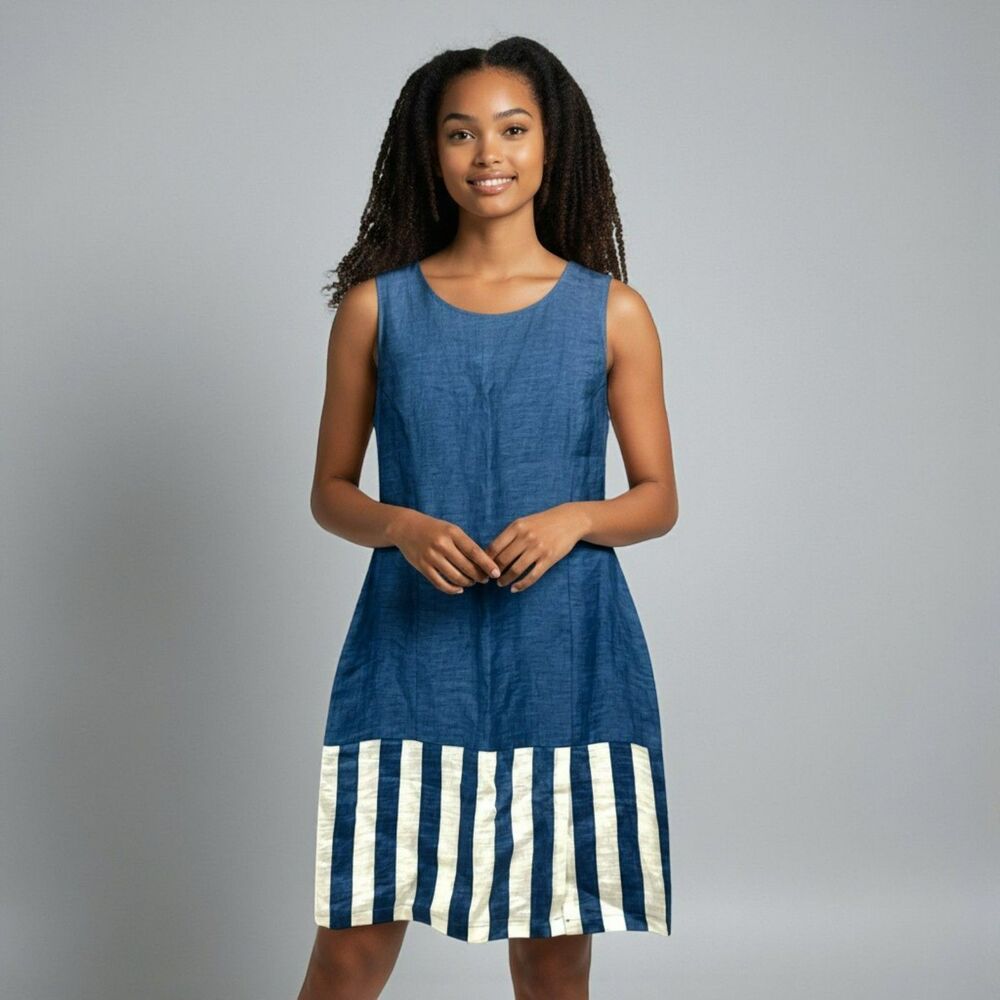 VLT’S by Valentinas Italian Blue Linen Striped Shift Dress Sz M